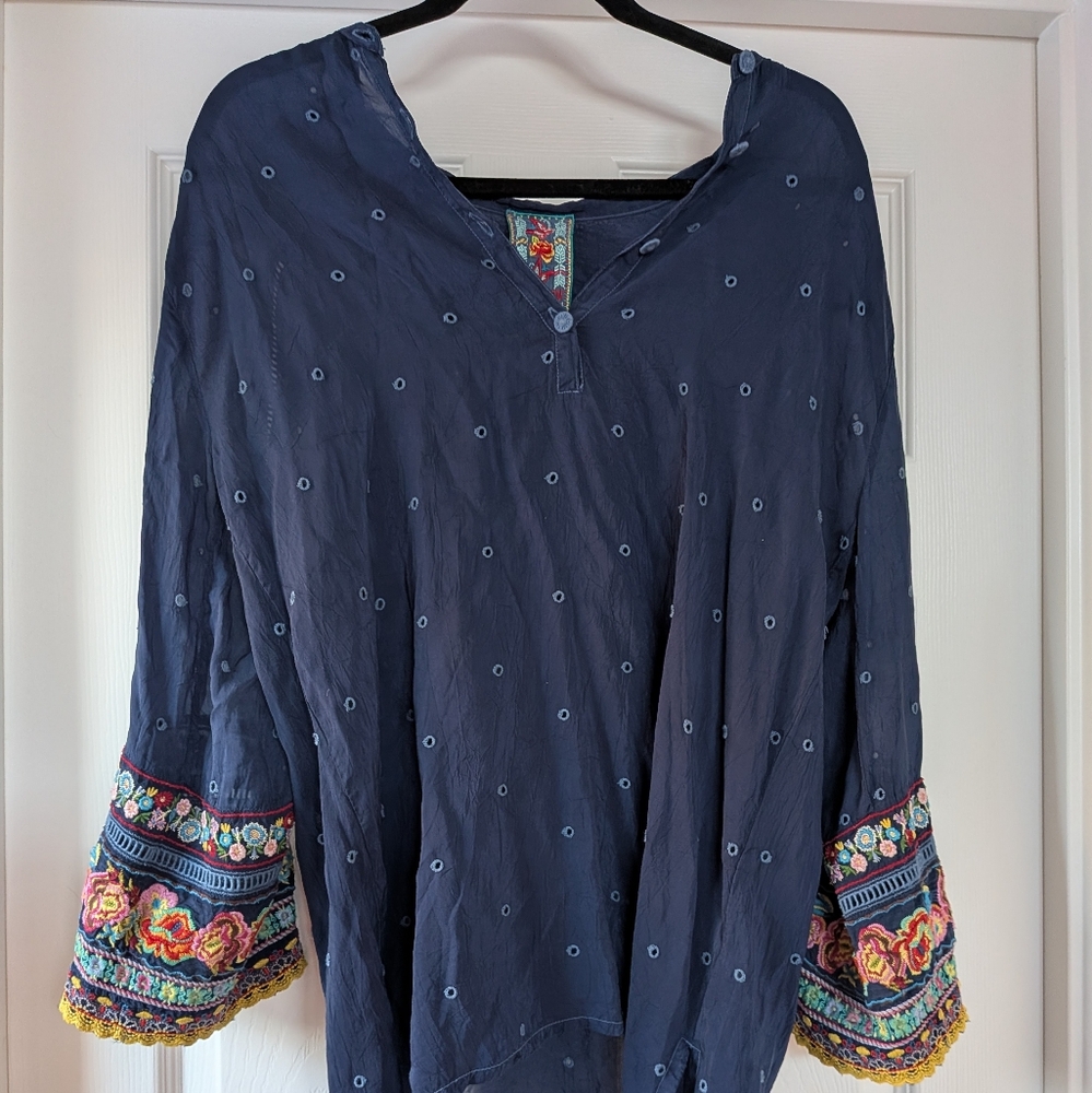 Johnny Was Navy Tunic with Colorful Embroidery